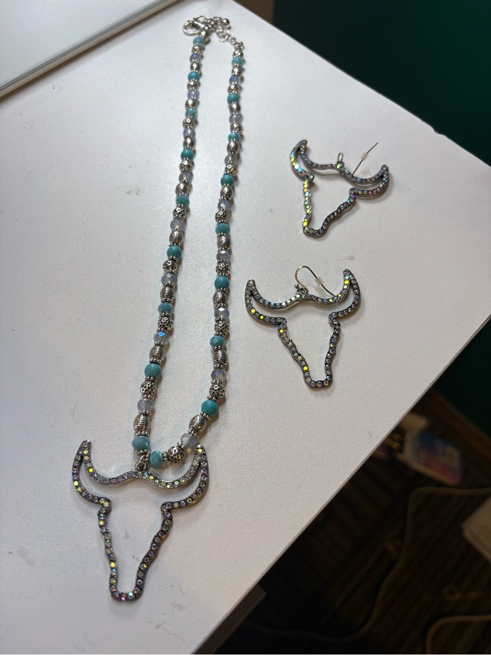 Turquoise Beaded Silver Bull Head Necklace and Earring Set